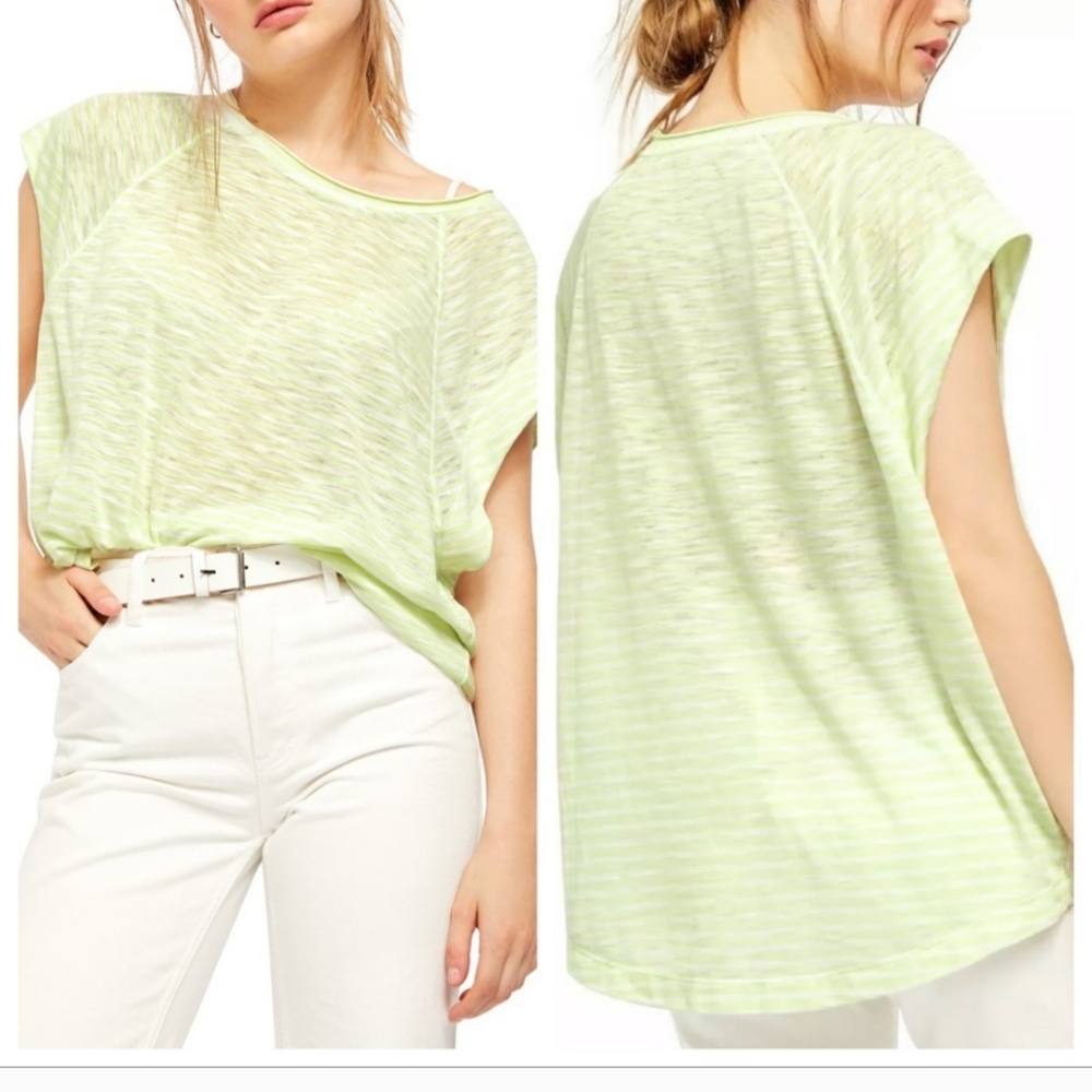 NWT  Free People Halo Striped Neon Lime Short Sleeve Blouse Size Small